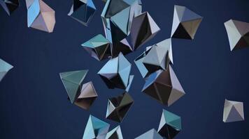 dynamisk sekvens av metallisk geometrisk former flytande och roterande i en mörk bakgrund, visa upp vätska rörelse och visuell djup i en fängslande visa video