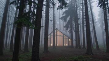 Enigmatic cabin emerges through misty forest, showcasing warm lights and modern architecture, creating a serene atmosphere amidst towering trees and fog video