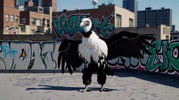 einzigartig Vogel Charakter mit auffällig schwarz und Weiß Gefieder Spreads Flügel dramatisch auf städtisch Dach, präsentieren beschwingt Graffiti Hintergrund und dynamisch Bewegung Reihenfolge video