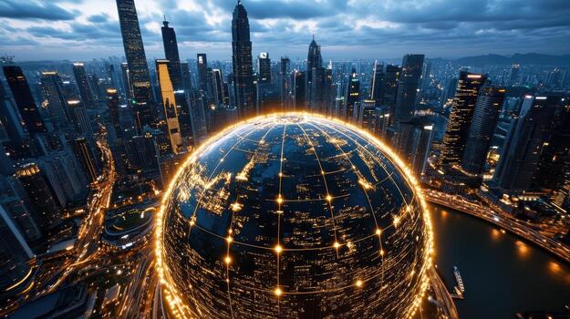 A cityscape with a large sphere in the middle photo