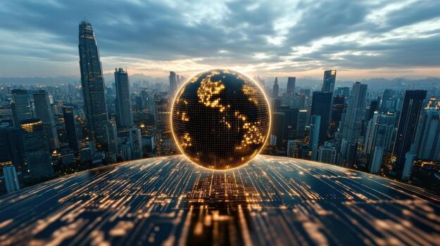 A globe with a city in the background photo