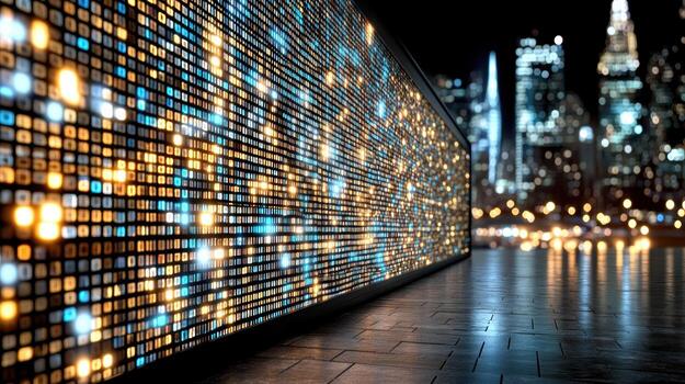A cityscape with many lights and a wall with many lights photo
