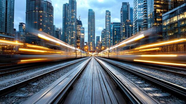 A train traveling down a track in front of tall buildings photo