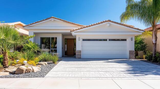 un hogar con un entrada de coches y palma arboles foto