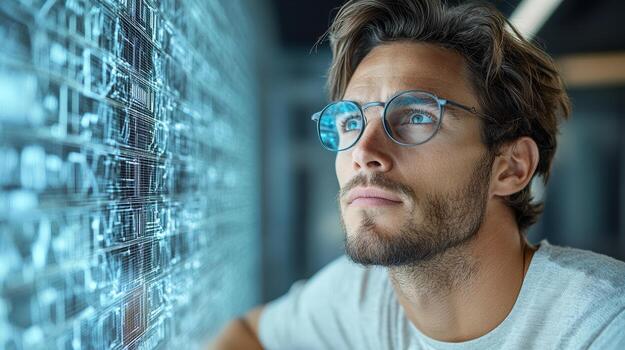 A man wearing glasses looking at a computer screen photo
