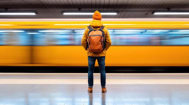 A person standing in front of a train with a backpack photo