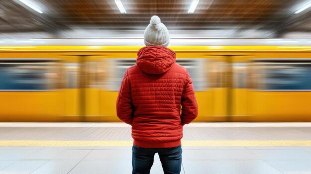 A person in a red jacket stands in front of a train photo