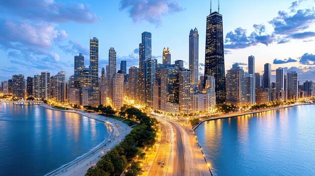 chicago horizonte a oscuridad con el lago y río en el antecedentes foto
