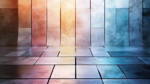 An empty room with a colorful wall and floor photo