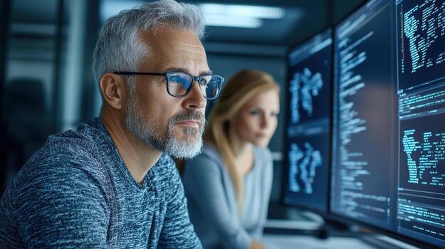 A man in glasses and a woman in a gray sweater are looking at a computer screen photo
