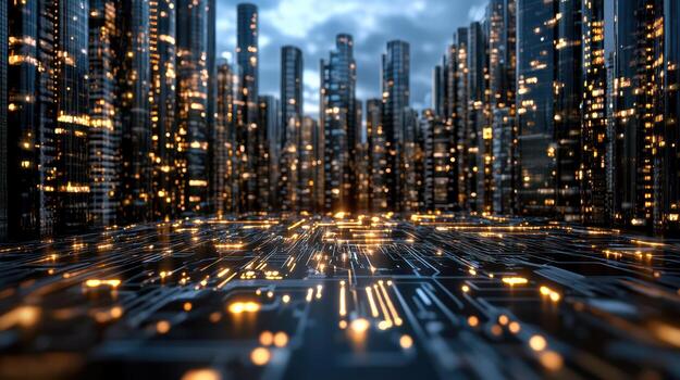 A city with glowing lights and a circuit board photo