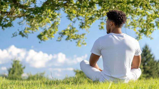 A man sitting in the grass under a tree photo