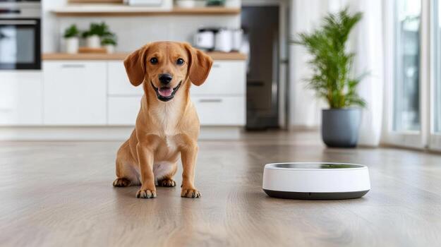 A dog sitting on the floor next to a robot photo