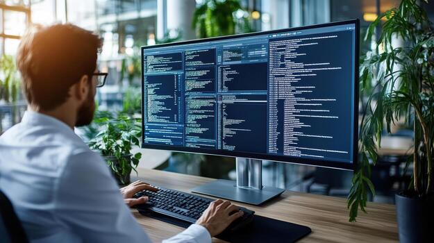A man is working on a computer with code on the screen photo