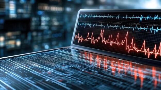 A laptop with a heartbeat graph on it photo