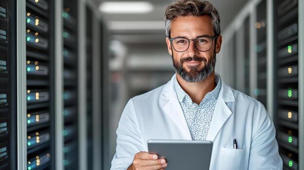 A man in a lab coat holding a tablet computer photo