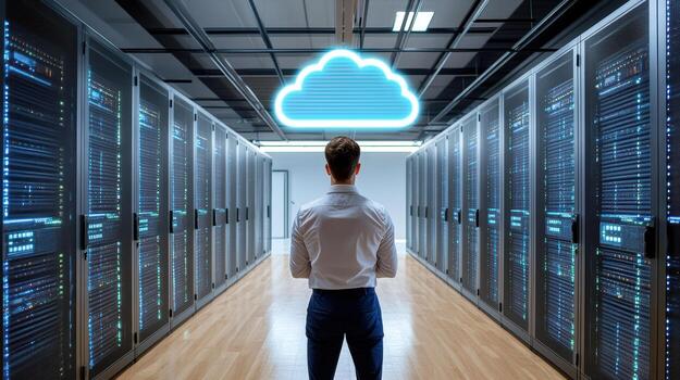 Man standing in front of servers with cloud computing photo