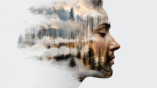 Double exposure of a woman's face with trees and clouds photo