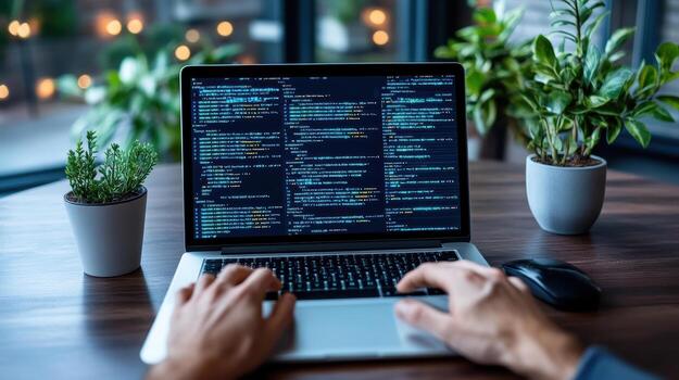 A person working on a laptop with code on the screen photo