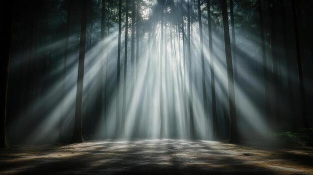 Light beams shine through the trees in a dark forest photo