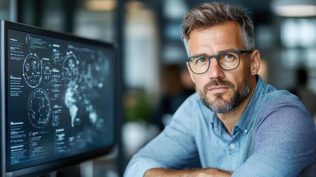 A man with glasses and a shirt is looking at a computer screen photo