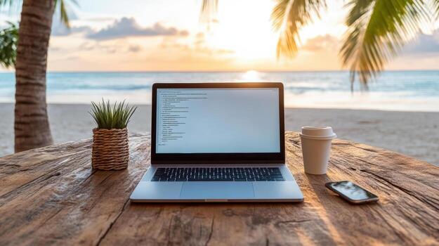 Laptop on rustic table by beach, with coffee cup and smartphone, creates serene workspace photo