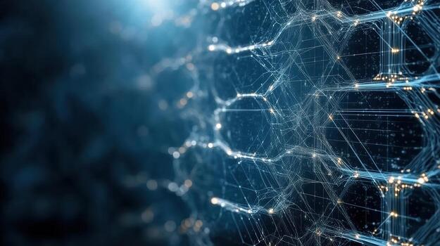 Digital network structure with glowing connections and hexagonal patterns, representing photo
