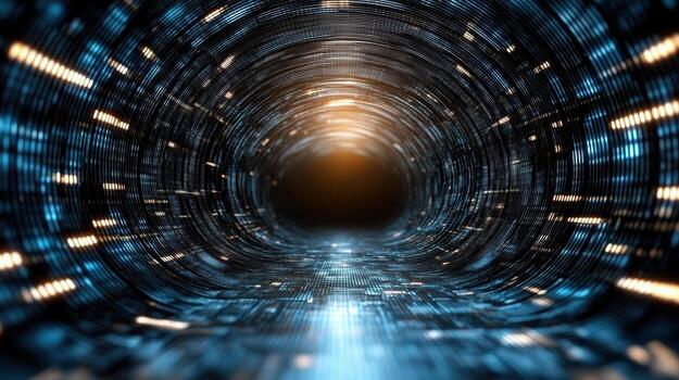 Digital tunnel with glowing lights creates futuristic atmosphere, evoking sense of depth photo