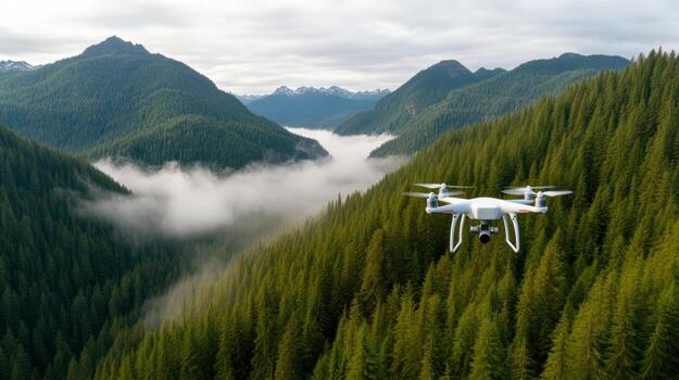 Drone flying over lush green forest, capturing stunning views of mountains and fog photo