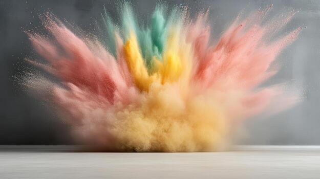 Dynamic chalk powder explosion creates vibrant display of colors against gray background photo