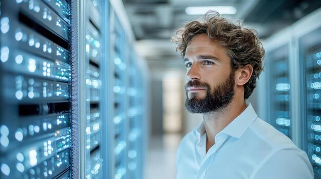 A man with a beard standing in front of servers photo