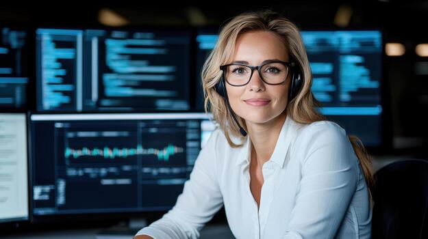 profesional eso experto vistiendo auriculares, gerente datos en múltiple pantallas con confianza foto