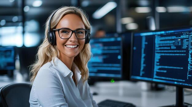profesional eso experto vistiendo auriculares, gerente sistemas con sonrisa foto