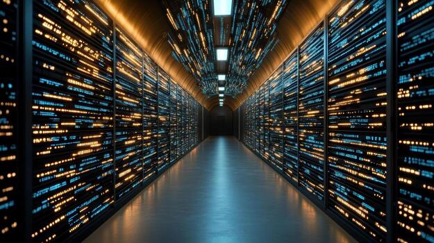 Futuristic data center corridor filled with illuminated server racks, showcasing vibrant blue photo
