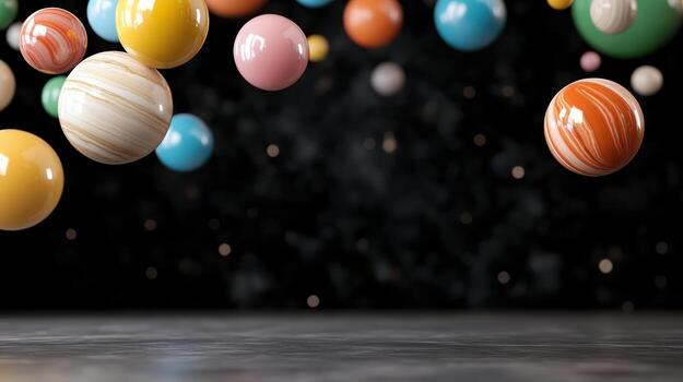 Floating spheres in vibrant colors create mesmerizing scene against dark background photo