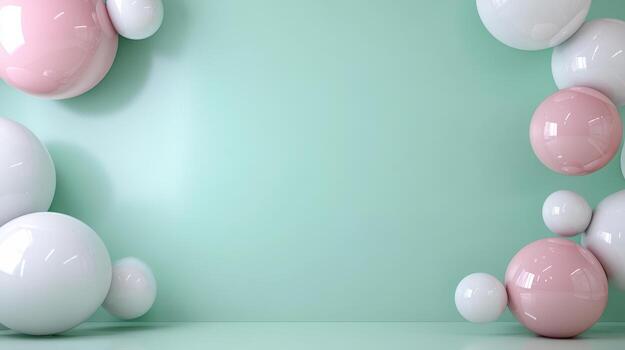 Glossy spheres in pink and white create playful atmosphere against mint green background photo