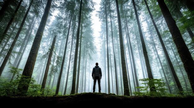 Mysterious forest silhouette with mist and tall trees creates serene atmosphere photo