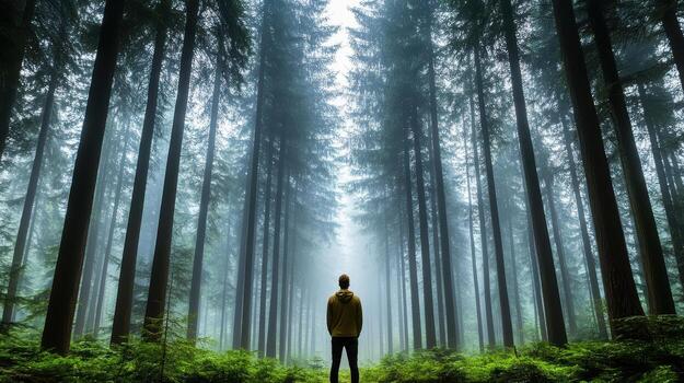 Person stands misty forest surrounded by tall trees, creating serene and contemplative photo