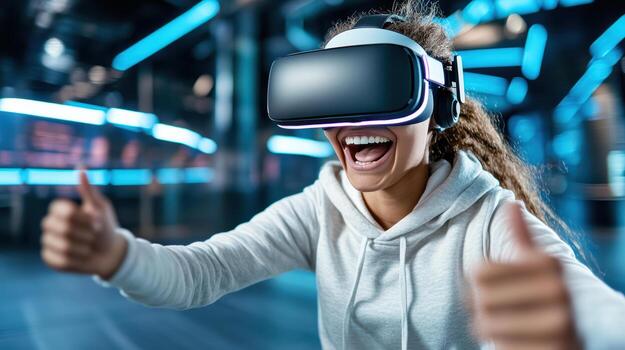 Excited player enjoying virtual reality experience with headset and thumbs up photo