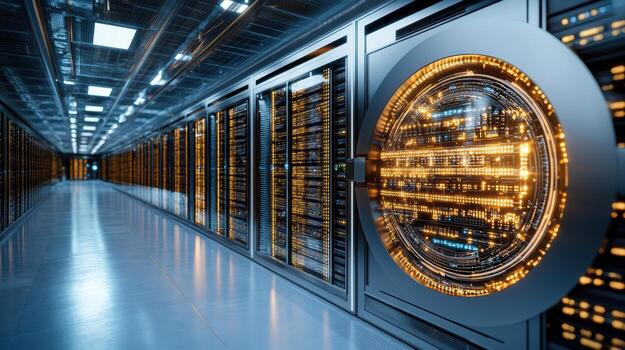 Futuristic bank vault with glowing digital tokens in high tech server room photo