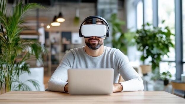 Virtual reality user engaged in immersive experience with headset and laptop in modern workspace photo