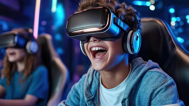 Excited gamers enjoying immersive experience with VR headsets in vibrant environment photo