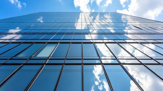 A tall building with blue sky and clouds reflected in the glass photo