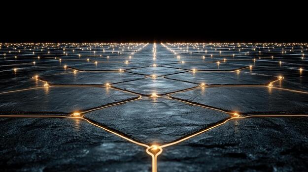 A dark, shiny surface with glowing lines photo