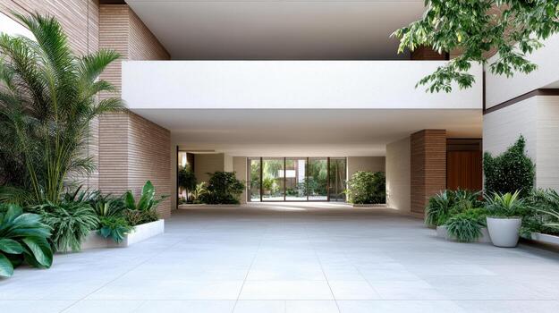 A modern apartment with a large courtyard and plants photo