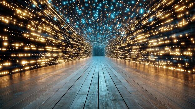 A long tunnel with lights on the ceiling photo