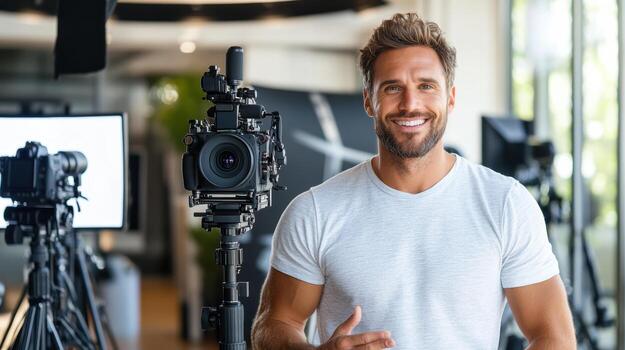 A man standing in front of a camera and holding up a camera photo