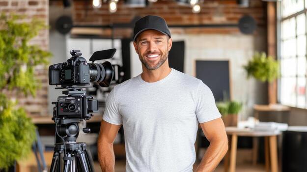 A man standing in front of a camera and tripod photo