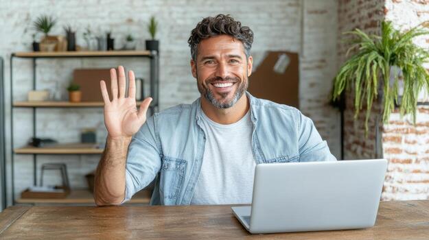 A smiling man is sitting at a desk with his laptop and waving photo