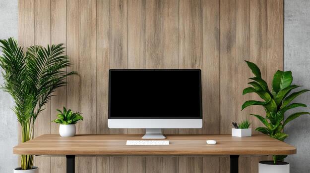 A computer monitor and a plant on a wooden desk photo